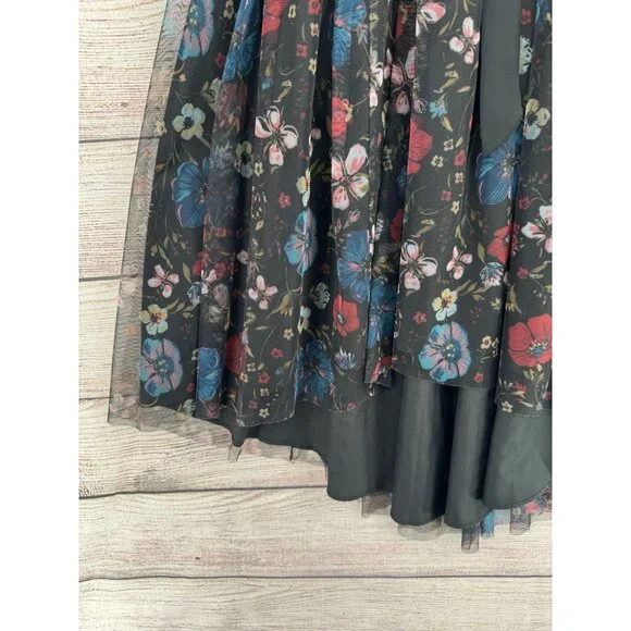 Disney Lauren Conrad Floral Semi Sheer Lined‎ Dress Women's 10 Black/Blue/Red - Picture 5 of 13